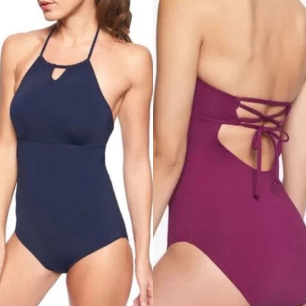 ATHLETA High Neck Keyhole One Piece Swimsuit Navy Blue Size Medium
